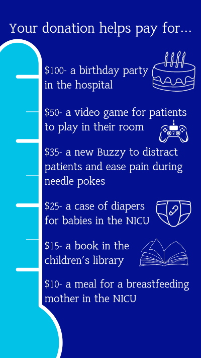 navy background with teal thermometer shaped gague on the side. Levels are marked with white lines and text reads what each fundraising level funds at the hospital.